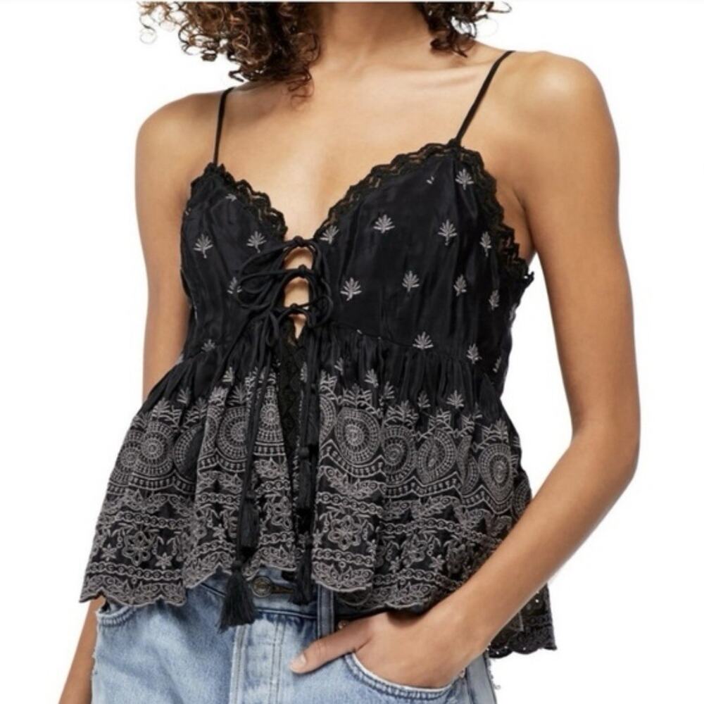 Free People Intimately Jenna Embroidered Cami Black Tie Front Top Small NWT